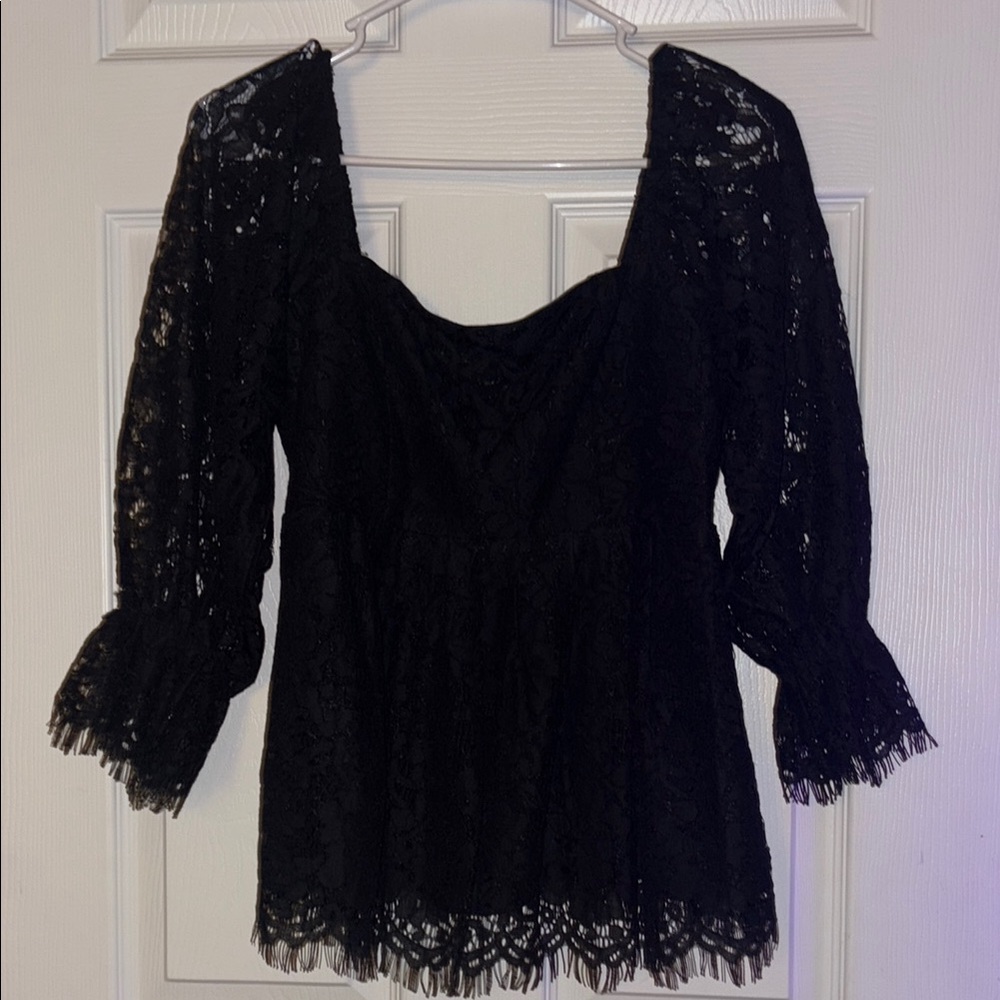 Pomander Place Black Lace Ruffled Blouse